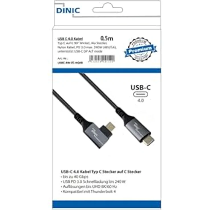 DINIC USB C 4.0 Kabel, 240W PD, 40Gbps, Typ C auf C, gewinkelt, 1m, Alu Stecker, Nylon Kabel, Schwarz/Silber – Bild 5