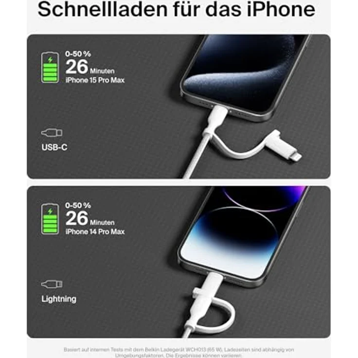 Belkin BoostCharge Pro USB Kabel 2-in-1, 1,5 m, USB-C/Lightning, 60 W, Weiß – Bild 4