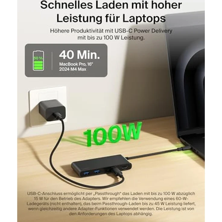 Belkin USB C Hub 7-in-1 Docking Station mit 4K HDMI 60 Hz, 100 W Power Delivery, 5 Gbit/s Datentransfer, SD und MicroSD Kartenleser – Schwarz – Bild 5