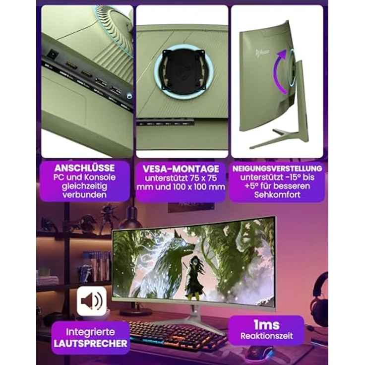 Arozzi Nova 34", Curved Gaming Monitor mit 165Hz, Ultrawide QHD 1440p, Adaptive Sync, HDR10, flimmerfrei, 90% sRGB - Waldgrün – Bild 3