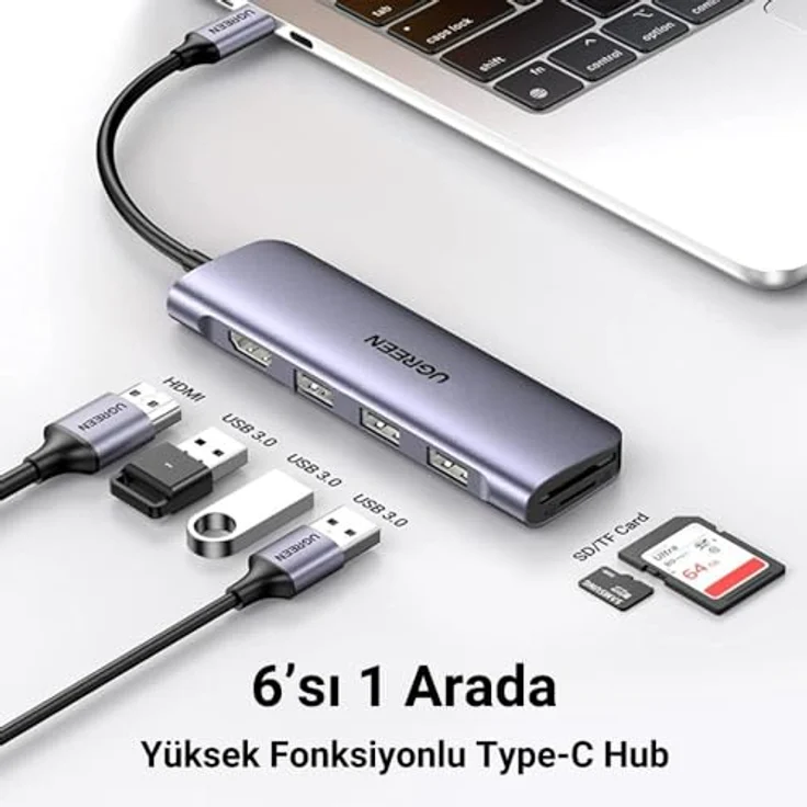 UGREEN 6-in-1 USB-C Adapter Hub, HDMI 4K, 3x USB-A 3.0, SD/TF Kartenleser, Silber 20956A – Bild 5