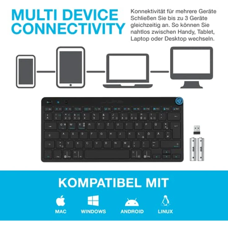 JLab Go Kabellose Tastatur - Bluetooth mit 2,4 GHz Funk, USB-Dongle, Leise Klein, QWERTZ-Layout, Multi-Device Mini Wireless Keyboard, für PC/Mac/iPad/Tablet/Computer/Laptop – Bild 2