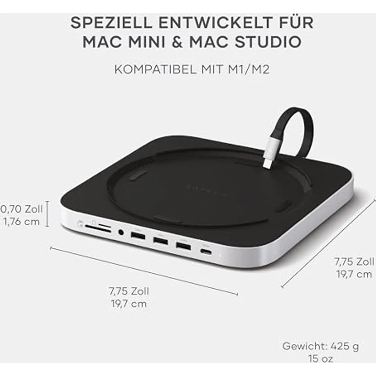 SATECHI Mac Mini Hub & Ständer mit SSD-Gehäuse Silber für NVME & SATA M.2, USB C 10 Gbit/s, 3 USB A 5/10 Gbit/s, 2.0 Audio-Buchse, für Mac Mini M2/M1, Mac Studio – Bild 4