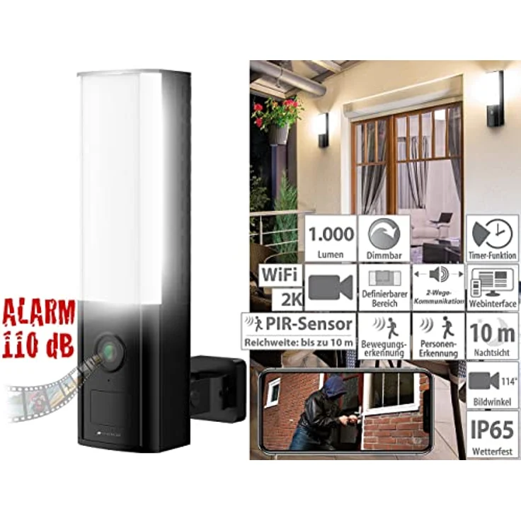 VisorTech Kameraleuchte: LED-Außenwandleuchte, WLAN-2K-Kamera, PIR, Nachtsicht, Sirene, schwarz (Lampe Kamera) – Bild 3