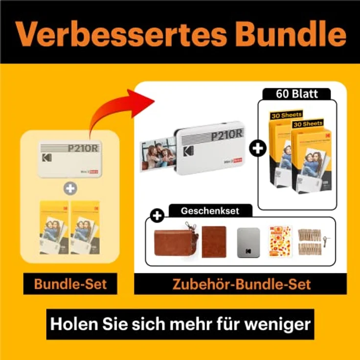 KODAK Mini 2 Retro 4PASS Mobiler Fotodrucker (5,3x8,6cm) - Gift Paket met 68 Blatts, Weiß – Bild 3