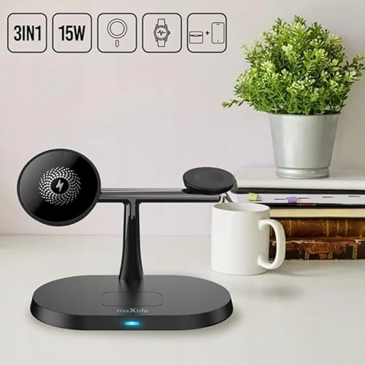 FOREVER MaxLife MXWC-03 induktives Ladegerät, 3-in-1 drahtlose Ladestation für iPhone Samsung Telefon Kopfhörer Smartwach, schnelles kabelloses Laden, minimalistisches Design, schwarz – Bild 2