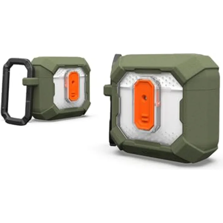 URBAN ARMOR GEAR Plasma Case für die Apple AirPods 4 Hülle [2024] (Magnetisch, Wireless-Charging kompatibel/Status LED sichtbar, Abnehmbarer Karabinerhaken) Olive/transparent