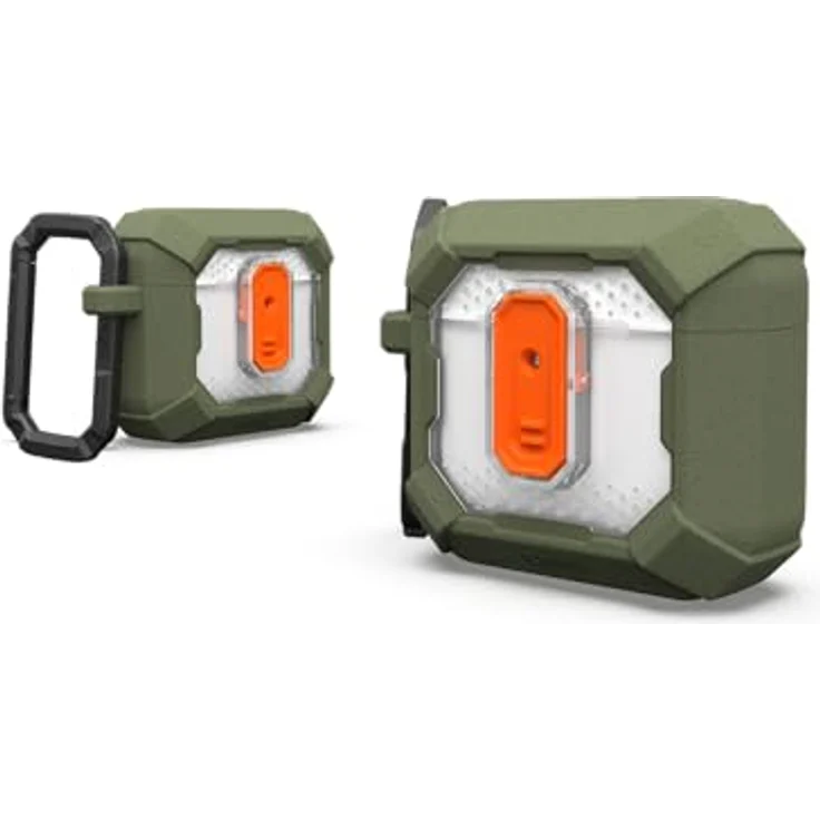 URBAN ARMOR GEAR Plasma Case für die Apple AirPods 4 Hülle [2024] (Magnetisch, Wireless-Charging kompatibel/Status LED sichtbar, Abnehmbarer Karabinerhaken) Olive/transparent – Bild 1