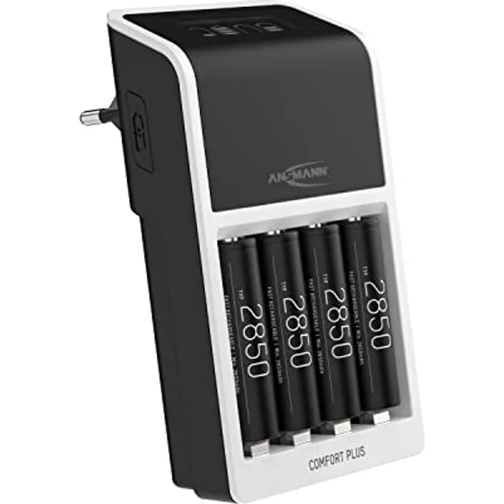 Ansmann Comfort Plus Akkuladegerät + 4× AA 2800mAh Akkus- kompatibel für 1-4 NiMH Akkus Micro AAA/Mignon oder 1-2 AAA/AA und EIN 9V E-Block - Schnellladegerät, Überladeschutz, 1001-0094-590