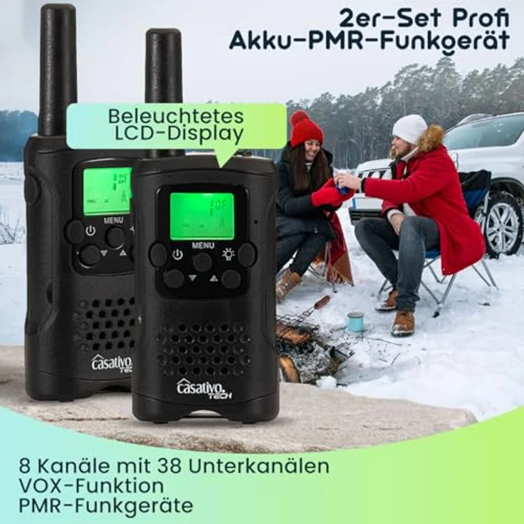 Casativo 4er-Set Akku-PMR-Funkgerät, Walkie Talkie mit 10 km Reichweite, 8 Kanäle, Gürtelclip, Taschenlampe, Ladestation, 8 Stunden Sprechzeit – Bild 2