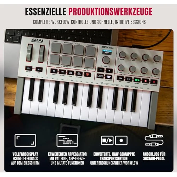 Akai Professional MPK Mini IV, USB-C MIDI Keyboard Controller mit 25 anschlagdynamischen Tasten, MPC Drum Pads, 1000+ Sounds und DAW-Integration, Grau – Bild 5