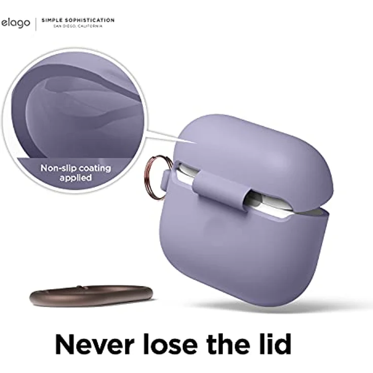 elago Silikon Hülle für AirPods 3, mit Karabiner, stoßfester Rundumschutz, kabellos ladefähig, Lavendelgrau – Bild 4