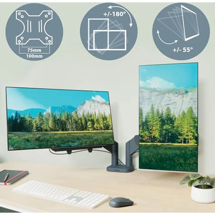 Leitz Ergo Dual Monitorarm (Tisch, 32"), platzsparend, grau, höhenverstellbar, mit Kabelmanagement und IGR-zertifiziert – Bild 7