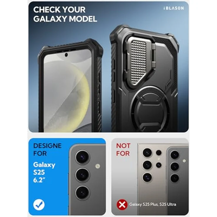 i-Blason Armorbox für Samsung Galaxy S25, 360° Bumper Case mit Magsafe, Kameraschutz, integrierten Displayschutz und Ständer, schwarz – Bild 2