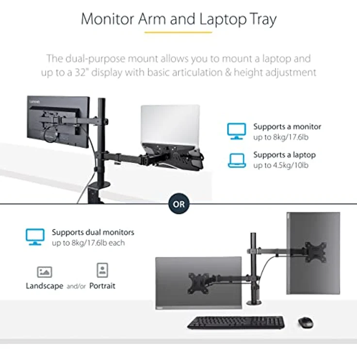 StarTech.com Braccio Monitor da Scrivania con Ripiano VESA Ventilato per Laptop e Display fino a 32", Halterung für Laptop und Monitor mit umfassendem Bewegungsbereich, schwarz – Bild 3