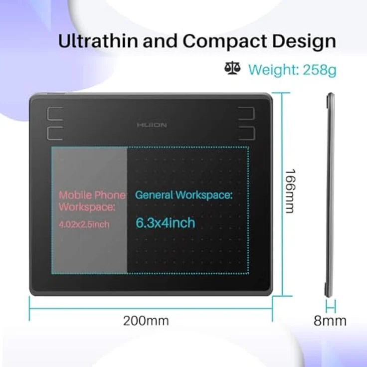 HUION HS64 Graphic Tablet 5080 lpi 160 x 102 mm USB Black - Grafiktablett mit 8192 Druckempfindlichkeitsstufen, OTG-Unterstützung, Android 6.0 Marshmallow, batterieloser Stift – Bild 4