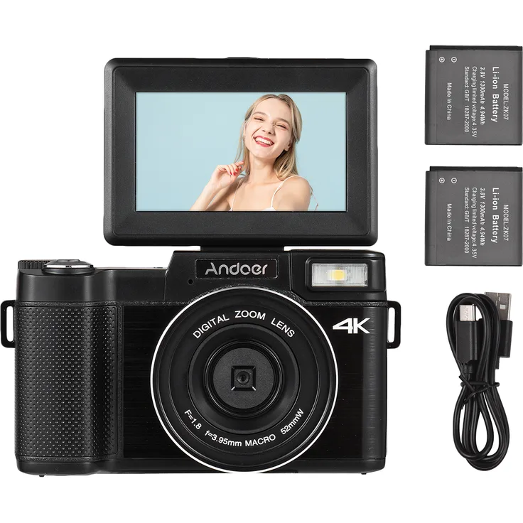 Andoer Tragbare Digitalkamera mit 48 MP, 4K Ultra HD, drehbarem 3,0 Zoll TFT-Bildschirm, 16-fach Zoom, Anti-Shaking, 2 Batterien und 32 GB Speicherkarte, Schwarz