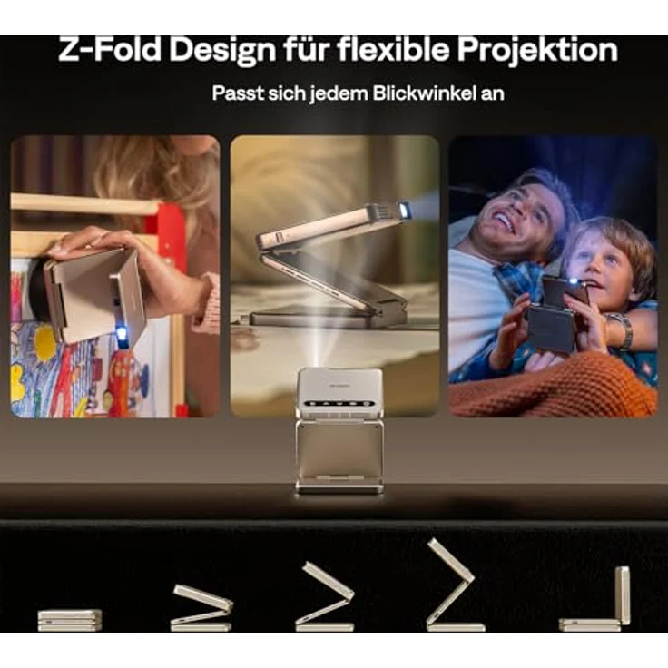 Aurzen Zip Tri-Fold Mini Beamer, tragbarer 4K Smart Projektor mit Akku, Autofokus & Trapezkorrektur, Bluetooth 5.4 - Gold – Bild 2