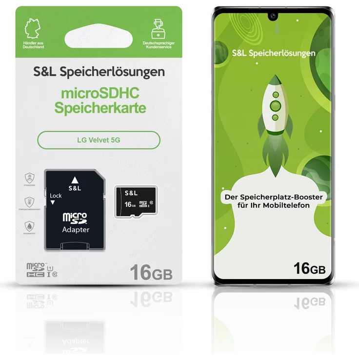 S&L microSD Speicherkarte 16GB für LG Velvet 5G, Class 10 U1, stoßsicher und wasserdicht