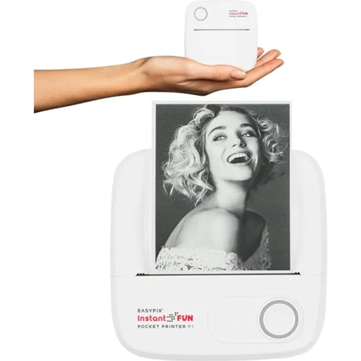 Easypix EASYPIX® InstantFUN Pocket Printer P1, tragbarer Sofortbild-Drucker mit Tintenlosem Schwarz-Weiß-Druck, inkl. Nachfüllpapier für Fotos und Text