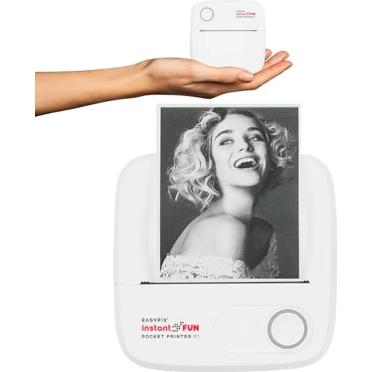 Easypix EASYPIX® InstantFUN Pocket Printer P1, tragbarer Sofortbild-Drucker mit Tintenlosem Schwarz-Weiß-Druck, inkl. Nachfüllpapier für Fotos und Text – Bild 1
