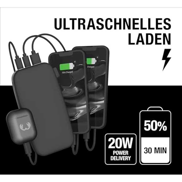 Fresh 'n Rebel 24000mAh Powerbank (USB-C in & Out), 20W Ultra Fast Charge, 6 Premium-Sicherheitsfunktionen, bis zu 8 Handy-Ladungen, Externer Akku mit 4 Power-Anzeigeleuchten (Storm Grey) – Bild 2
