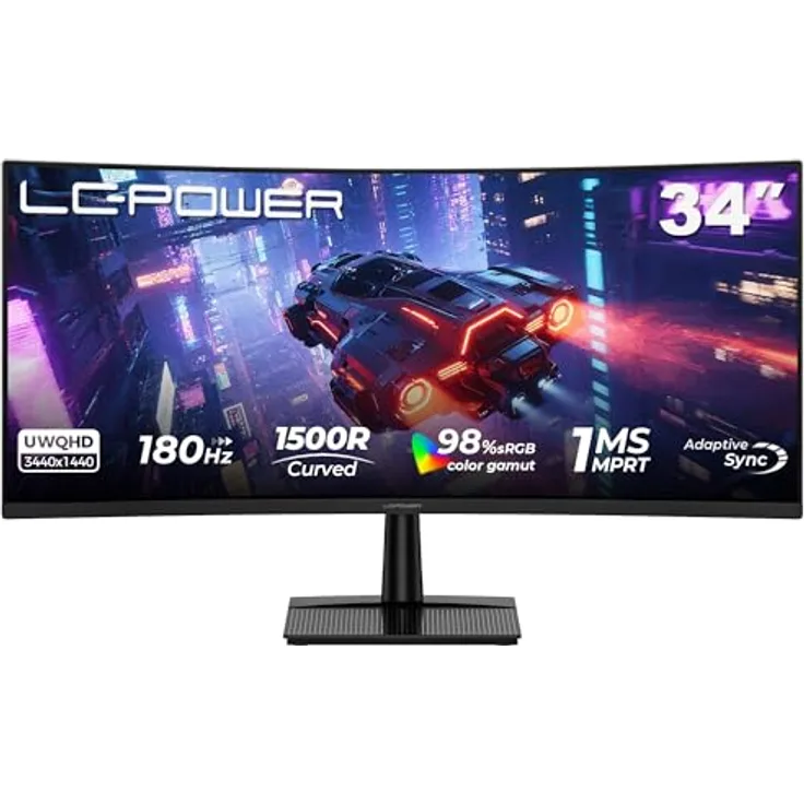 LC-POWER LC-M34QC 34 Zoll Ultrawide WQHD Curved Gaming Monitor, 3440x1440, 180Hz, 1ms, VA, HDR10, Adaptive Sync, 2xHDMI 2.0, 2xDP 1.4