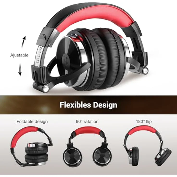 OneOdio OneOdio Pro-10 DJ Over Ear Kopfhörer kabelgebunden Stereo Schwarz, Rote Ohrmuscheln – Bild 8