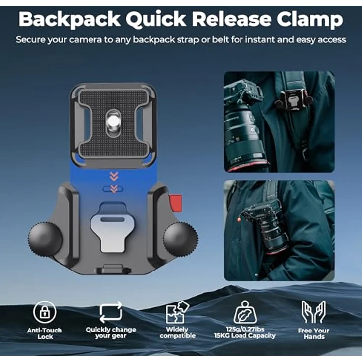 FREEWELL Rucksack-Schnellspannklemme - Universalhalterung für DSLR und spiegellose Kameras, leichter Aluminiumclip mit Dual-Sicherheitsschlössern, bis 15 kg Tragfähigkeit – Bild 2