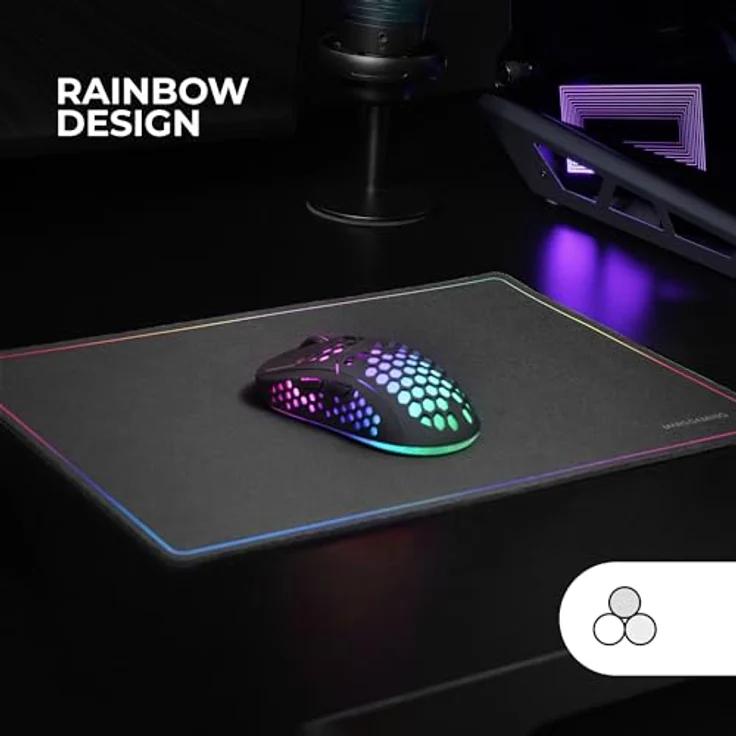 Mars Gaming MMP124, Gaming-Mauspad 360x260mm, rutschfeste Naturkautschuk-Basis, hochpräzise Nanotextil-Oberfläche, flexibles Design, Regenbogen-Randdesign, Schwarz – Bild 2