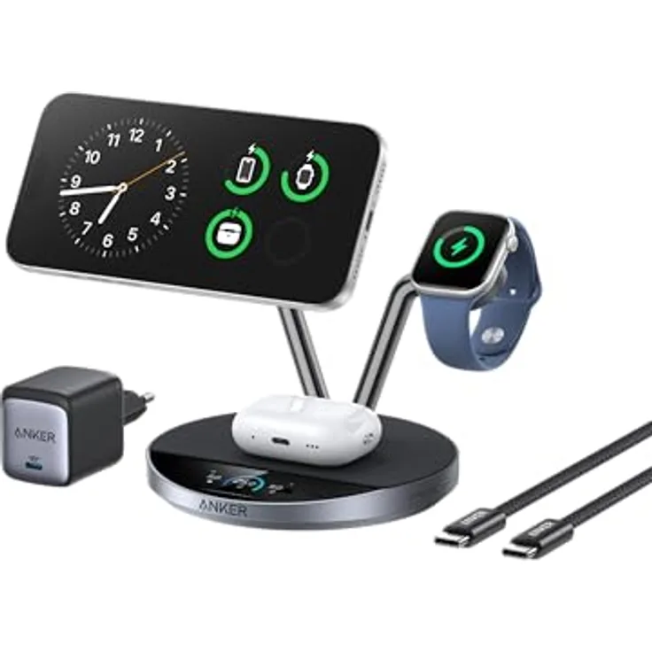 Anker Prime 3-in-1 Ladegerät, MagSafe-kompatible kabellose Ladestation mit 25W Schnellladung, Smart Display und TEC-Aktivkühlung für iPhone 17, Apple Watch, AirPods und mehr