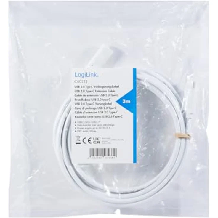 Logilink CU0222 - USB 2.0 Typ-C Verlängerungskabel mit PD Unterstützung (PowerDelivery), 3m, Weiß – Bild 4