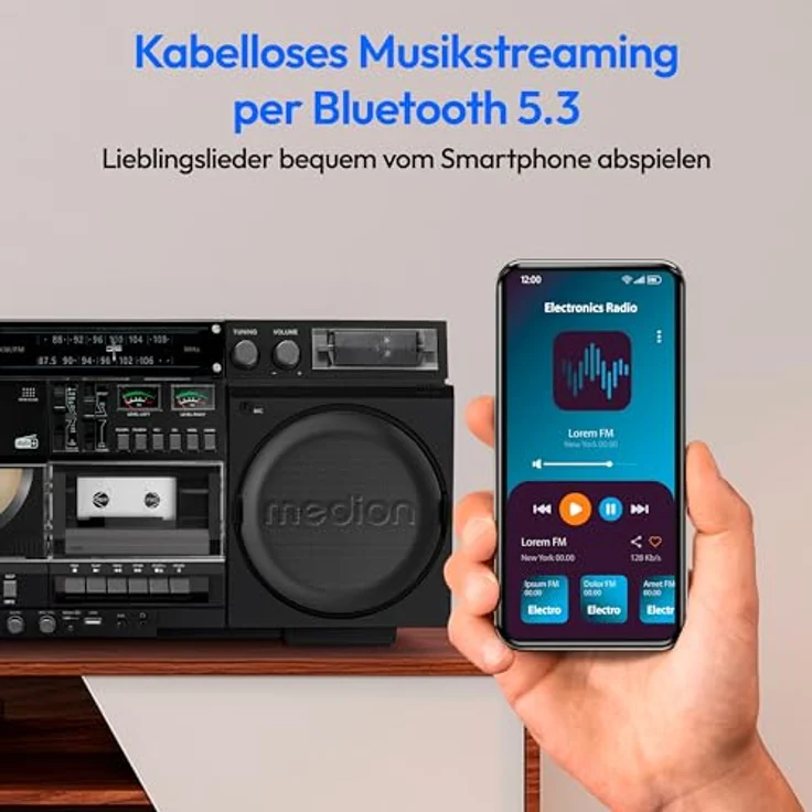 MEDION LIFE® P66538 Retro-Boombox, DAB+/UKW, Bluetooth® 5.3, CD-Player, Kassettendeck, X-Bass, 2x10W RMS – Bild 5