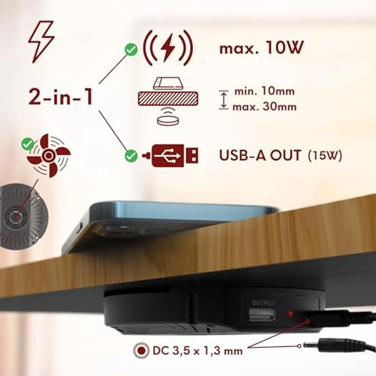 kalb DualCharge 10W Drahtlos Ladegerät, Induktionsladegerät mit 15W USB Ausgang, Unterbau bis 30 mm, unsichtbar mit Lüfter und 1200 mm Kabel – Bild 5