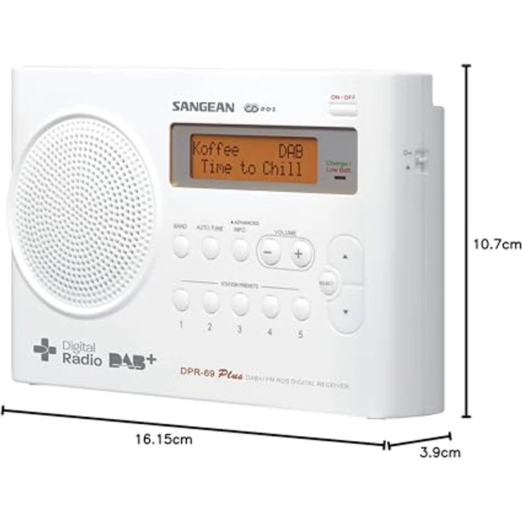 Sangean DPR-69+ tragbares DAB+ Digitalradio (UKW-Tuner, Batterie--Netzbetrieb) weiß – Bild 2