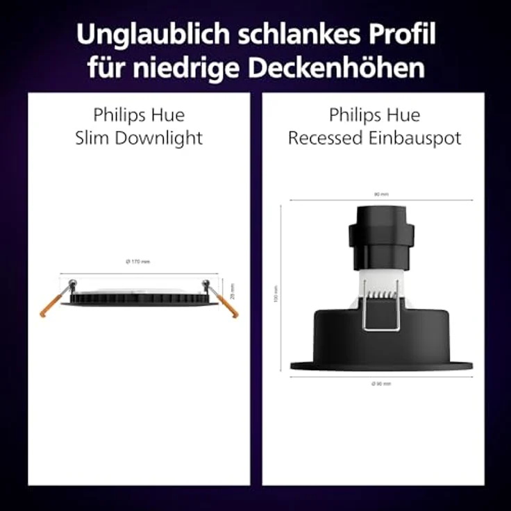 Philips Hue Smart Slim Einbauleuchte, 170mm, Weiß & Farbiges Licht, Bluetooth kompatibel, Sprachsteuerung mit Alexa, Apple Home & Google Assistant, schwarz – Bild 4