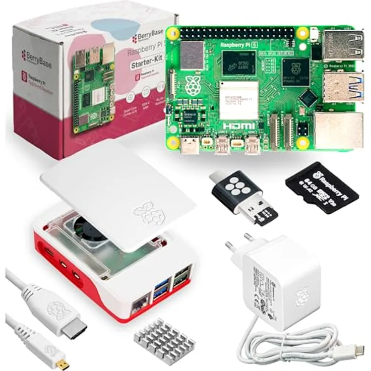 BerryBase Raspberry Pi 5 Starterkit, 64GB microSDHC mit Pi OS, Gehäuse, Netzteil, HDMI-Kabel, 8GB RAM, weiß
