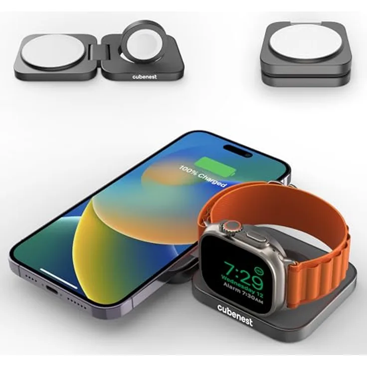 CubeNest Cubenest 2in1 Faltbares Aluminium Wireless Charger | Kompatibel mit Magsafe, Gesamtleistung 20W (2in1 Gray)