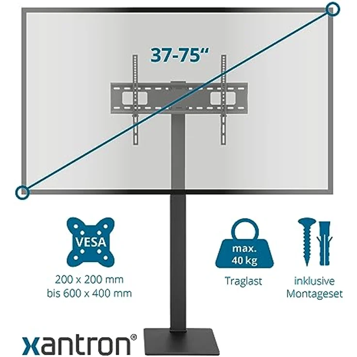 Xantron® Universal TV Ständer 37-75 Zoll/VESA 200x200-600x400 / Höhenverstellbarer, drehbarer TV Standfuß mit Kabelmanagement/Fernseher Standfuss bis 40kg, Schwarz – Bild 2
