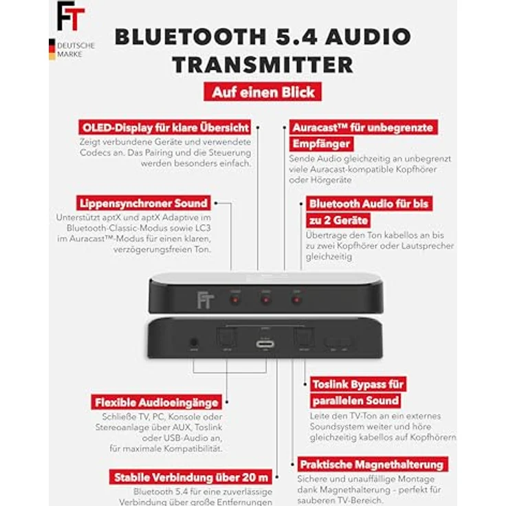FeinTech BT200 Bluetooth® 5.4 Audio Transmitter, aptX, Auracast, SPDIF-Passthrough, OLED-Display, USB-Audio – Bild 4