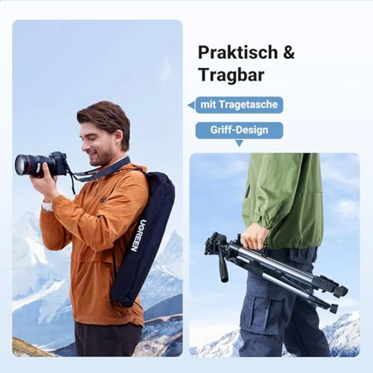 UGREEN Kamera Stativ mit 53,5-175 cm Höhe, leichtes und tragbares Reisestativ, Aluminium Dreibein Stativ mit Handyhalter und Reisetasche für Kamera und Smartphones DSLR Canon Nikon Action Kamera – Bild 5