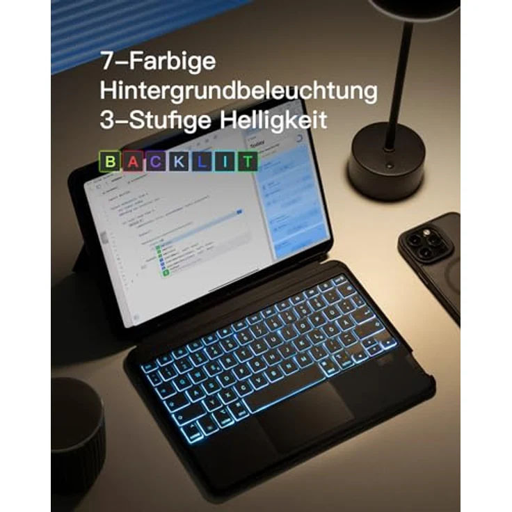 Inateck iPad-Tastaturhülle für iPad Air 2024, iPad Air Pro 10.9/11/12.9/13 Zoll (Bluetooth, Hoch-/Querformat Ständer, 7-farbige Beleuchtung) – Bild 6