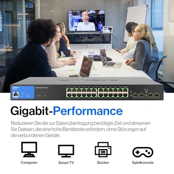 Linksys 24-Port Managed Gigabit-Netzwerk-Switch, 4 1-Gb-Uplink-SFP-Steckplätze, PoE/PoE+, QoS, statisches Routing, VLAN, IGMP, Metallgehäuse, Platzierung auf dem Schreibtisch/an der Wand – LGS328PC – Bild 3
