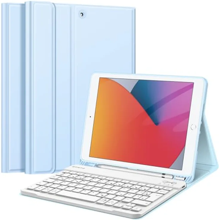 Fintie Tastatur Hülle für iPad 10.2 Zoll (9/8/ 7 Generation - 2021/2020/2019), Himmelblau - Schutzhülle mit TPU Rückschale, Pencil Halter und magnetisch Abnehmbarer Tastatur mit QWERTZ Layout