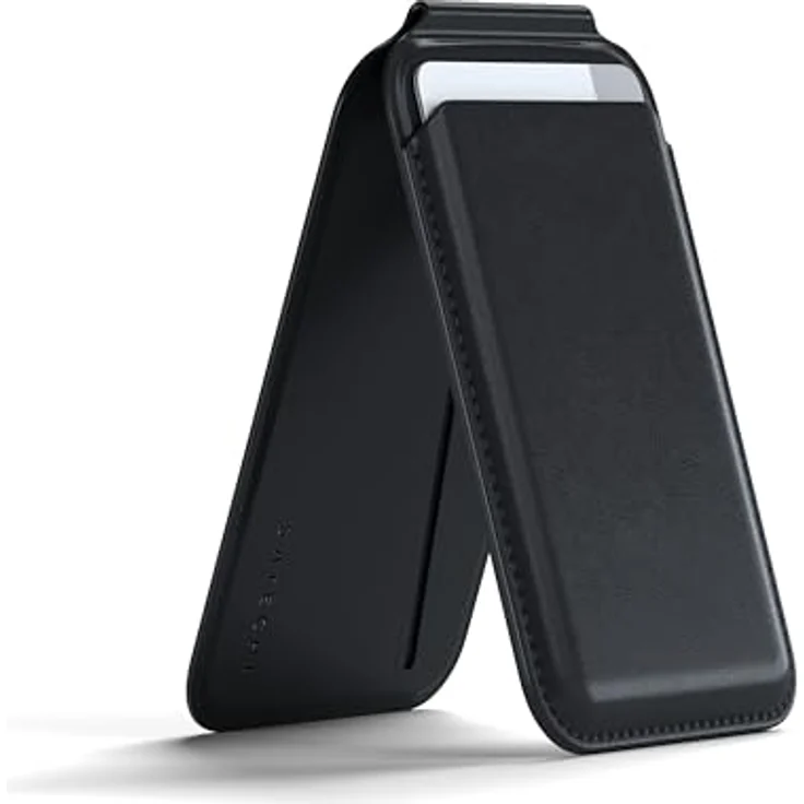 SATECHI Magsafe Wallet und Double Flap Stand, iPhone Wallet mit 4 Kartenfächern, NFC Pass Through, Vegan Leder, Schwarz – Bild 1