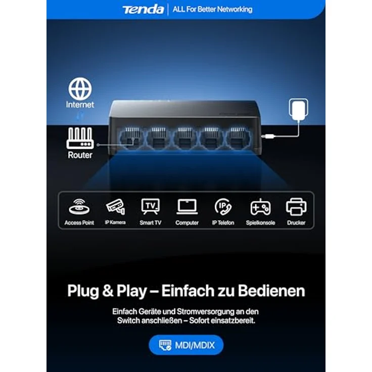 Tenda SG105, 5-Port Gigabit Switch, Plug-and-Play Ethernet Switch, lüfterlos, unmanaged, Schwarz – Bild 4