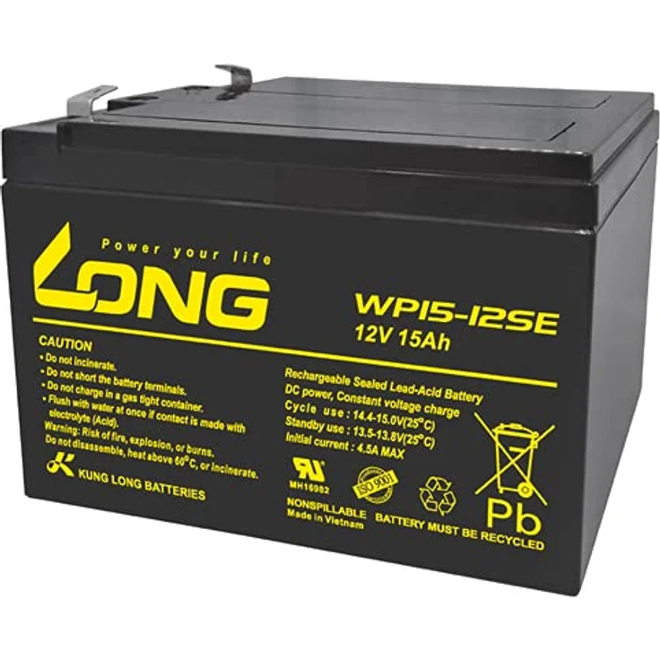 Kung Long WP15-12SE F2, Zyklenfest Blei-Vlies-Akku, 12Volt, 15Ah, wartungsfrei, 6,3mm Faston Anschluss, ideal für Wohnmobile und Solargeräte – Bild 1