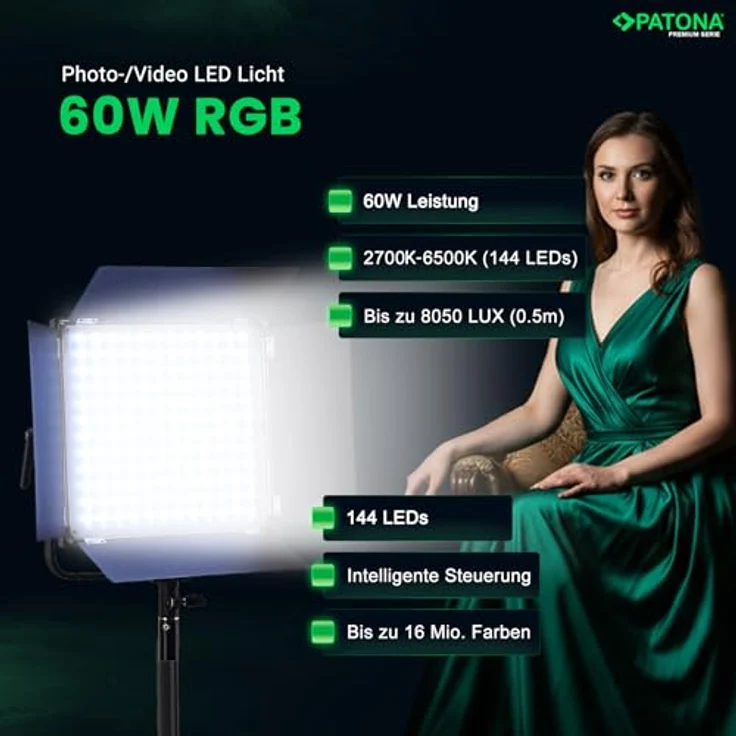 PATONA Premium LED Videolicht 60W RGB, COB-LED mit 2700K-10000K Farbtemperatur, 16 Mio. Farben, App Steuerung und Spezialeffekten – Bild 2