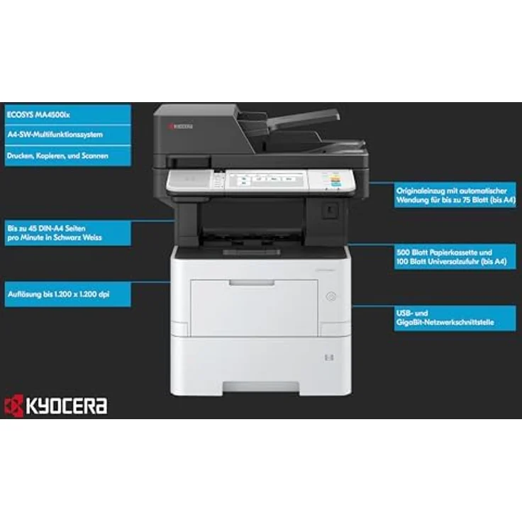 Kyocera Ecosys MA4500ix Multifunktionsdrucker Schwarz Weiss, 45 Seiten pro Minute, Duplex-Einheit, Touchpanel, Gigabit LAN, Mobile Print Funktion – Bild 2