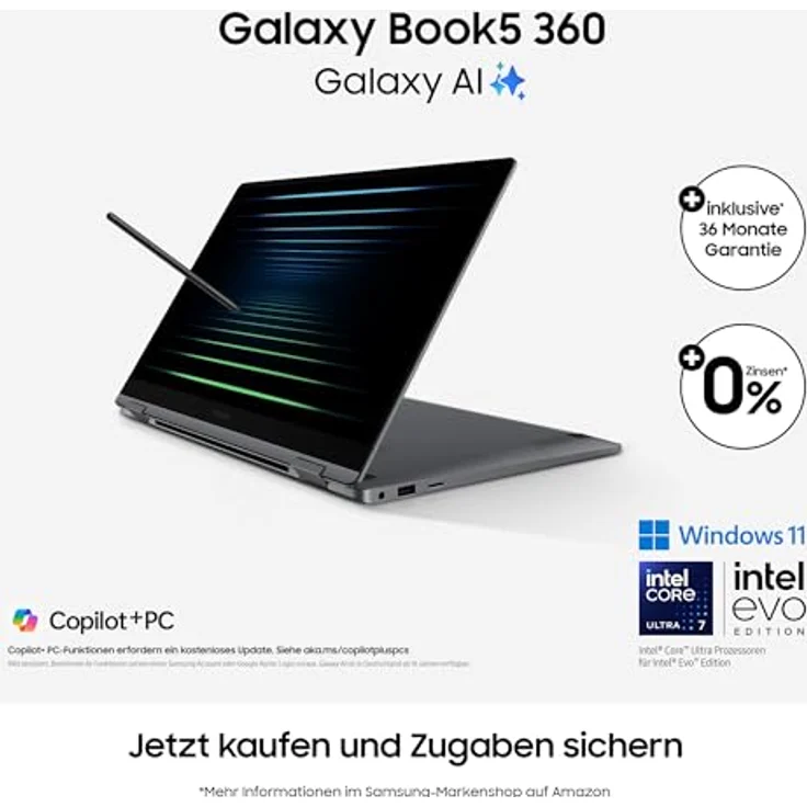 Samsung Galaxy Book5 360 15,6" 2-in-1-Laptop, Convertible AI-Notebook mit Intel Core Ultra 7 Prozessor, 16 GB RAM, 512 GB Speicher, Moonstone Gray, 3 Jahre Herstellergarantie [Exklusiv bei Amazon] – Bild 2